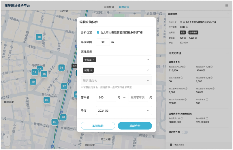 報告頁面的編輯分析條件彈窗，可直接調整半徑範圍與產業別後重新分析